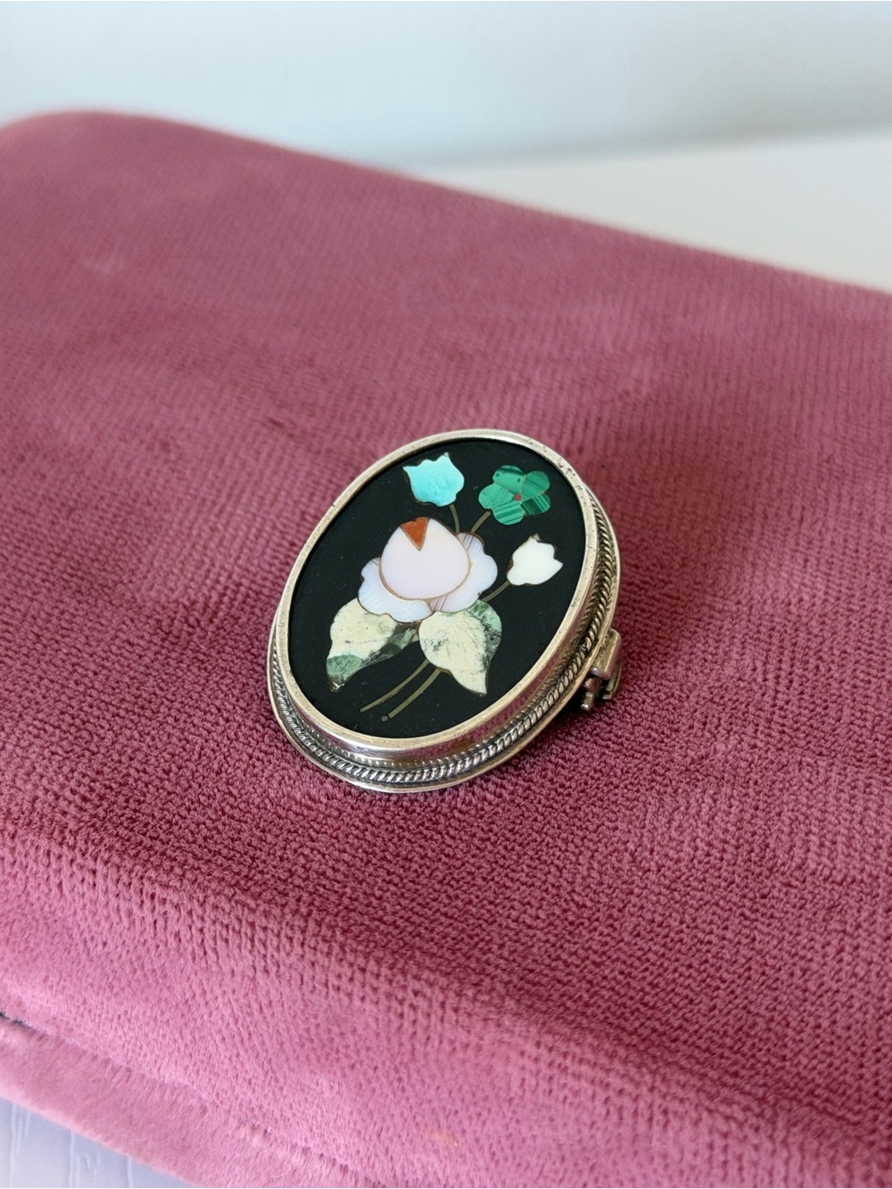 Vintage Italian Pietra Dura Floral Brooch Pendant Silver 800